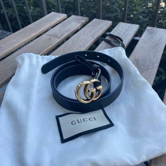 gg marmont thin leather belt with shiny buckle